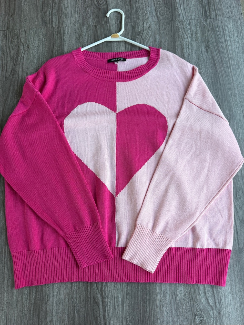 Cable & Gauge 2X Pink Heart Colorblock Sweater Crewneck Pullover Soft Knit